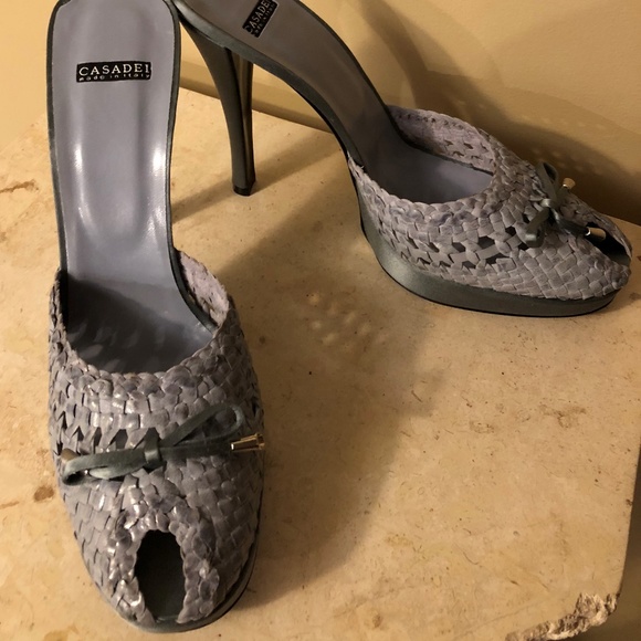 NIB CASADEI BLUE GREY SATIN MULE HEEL 9 - Picture 2 of 7